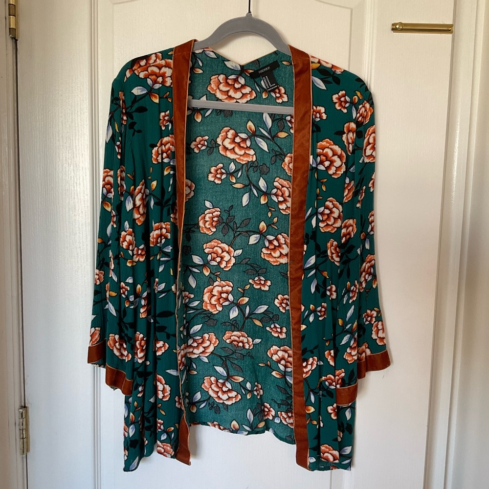 Green and orange floral kimono
